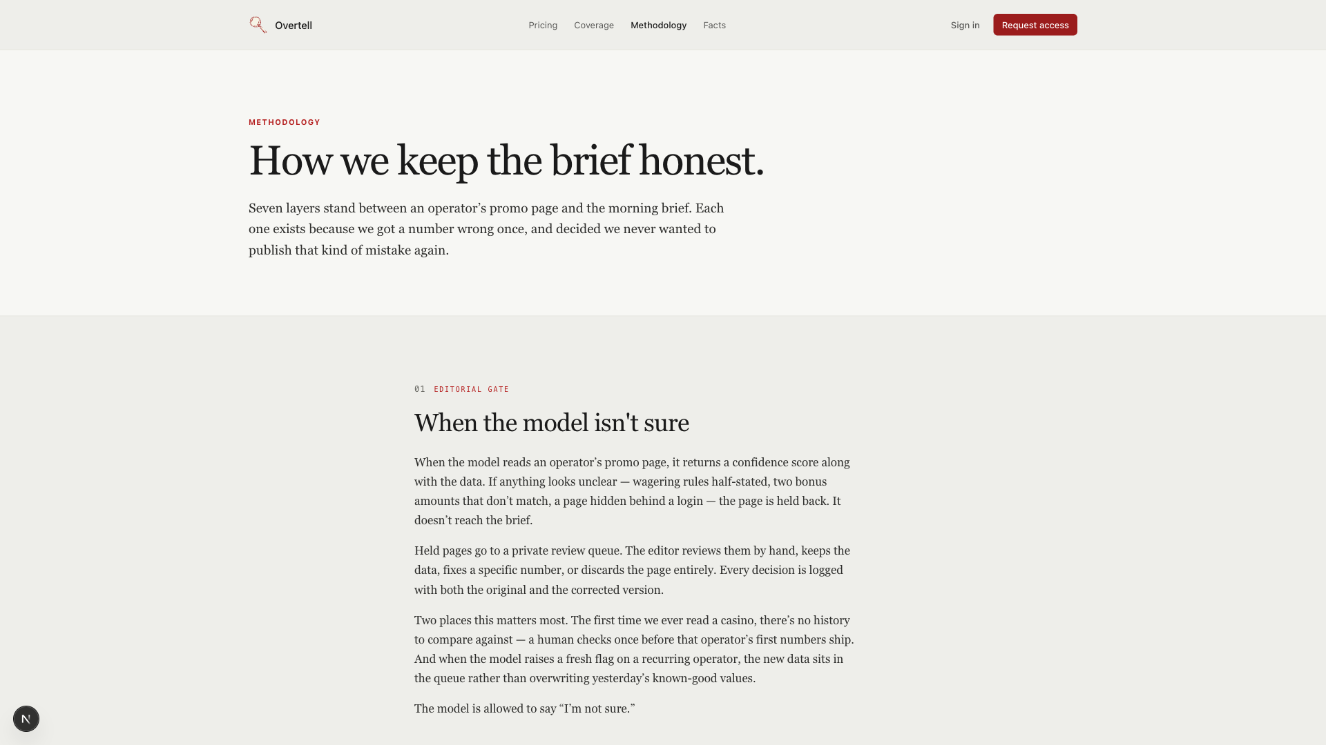 Overtell methodology page describing the seven layers between an operator's promo page and the morning brief